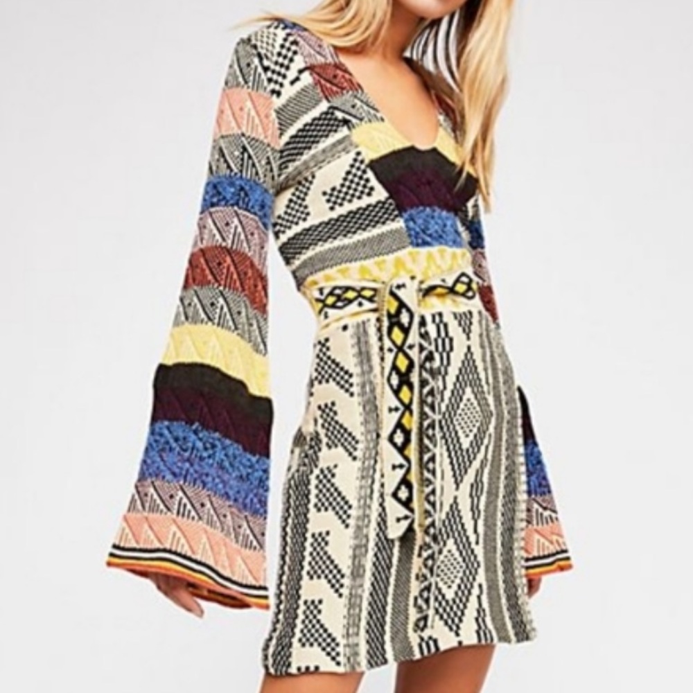 Free People Bell Sleeve Patchwork Sweater Dress